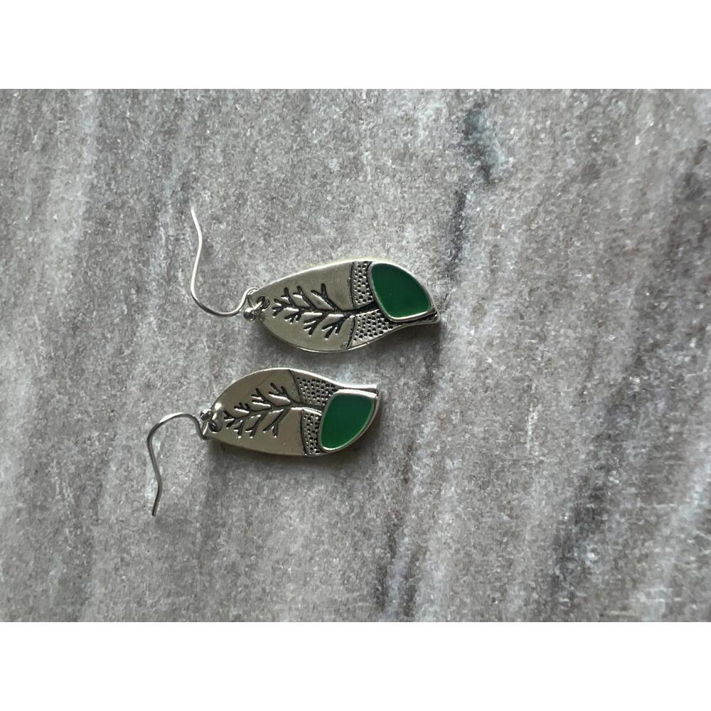 Silver Tone Tree Design Earrings with Green Accent